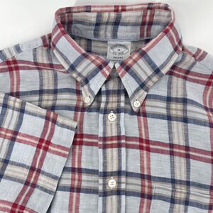 Brooks Brothers Regent Irish Linen Shirt Mens Medium Short Sleeve Plaid Grey Red